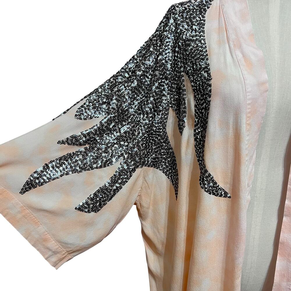 Haute Hippie Tribe Womens Peach Boho Tie Dye Sequin Open Front Kimono Sz L - Picture 2 of 8